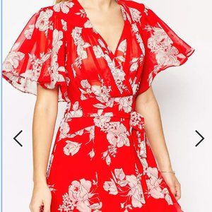 ASOS Kimono Flippy Dress in Red Floral Print